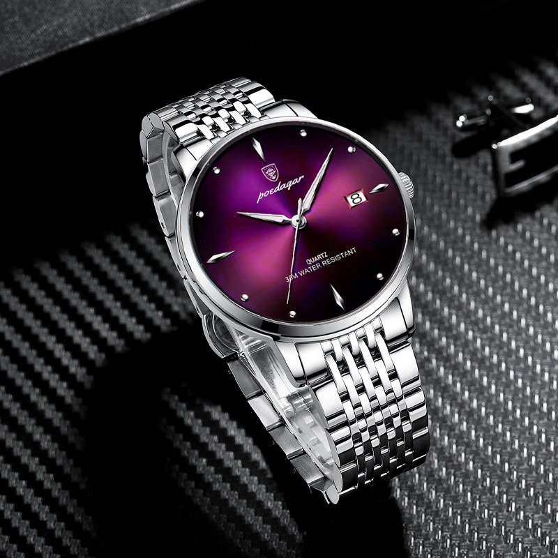 Poedagar 868 Fashion Purple Dial Watch Business Stainless Steel