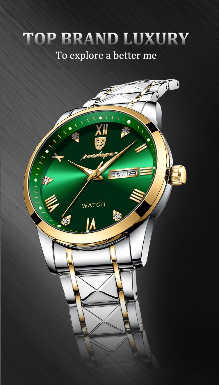 Poedagar Men Watch Green Dial Business Stainless Steel Quartz Watches ...