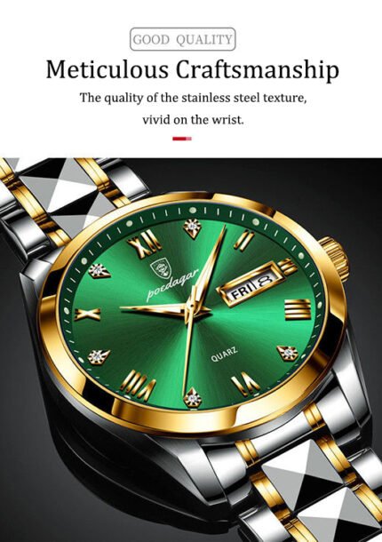 Poedagar Men Watch Green Dial Business Stainless Steel Quartz Watches ...