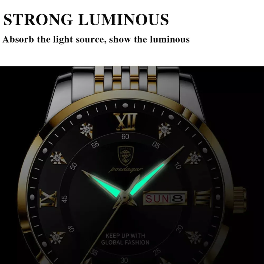 POEDAGAR 836 Edelstahl Herrenuhr Edelstahl Business Quarzuhr Wasserdicht Leuchtend Wochendatum Herrenarmbanduhr - Bild 5
