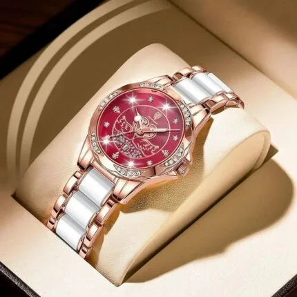 POEDAGAR 362 Women Watch Wine Red Diamond Dial Rose Gold Ceramic Steel Waterproof Luminous Ladies Quartz Wristwatch Valentine's Day Gift Series