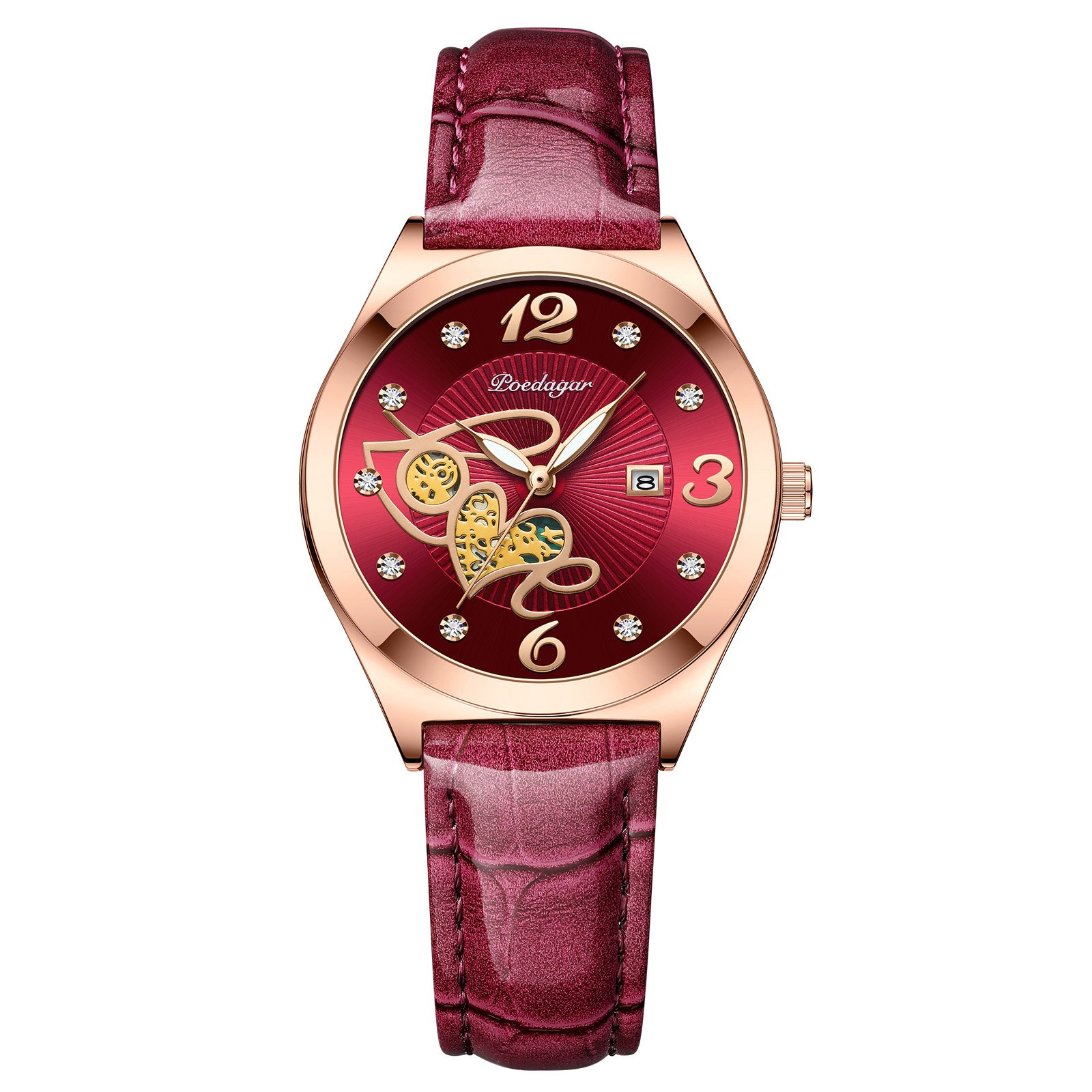 Pindows Women\'s Red Elegant Quartz Analog Leather Strap Fashionable Wrist Watch Women main image 2