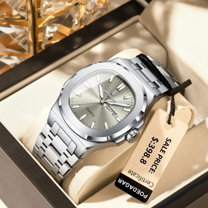 POEDAGAR 853 Luxury Homage Square Man Watch Square Waterproof Luminous Date Week Men Watch Stainless Steel Quartz Men's Watches Reloj+box - Image 7