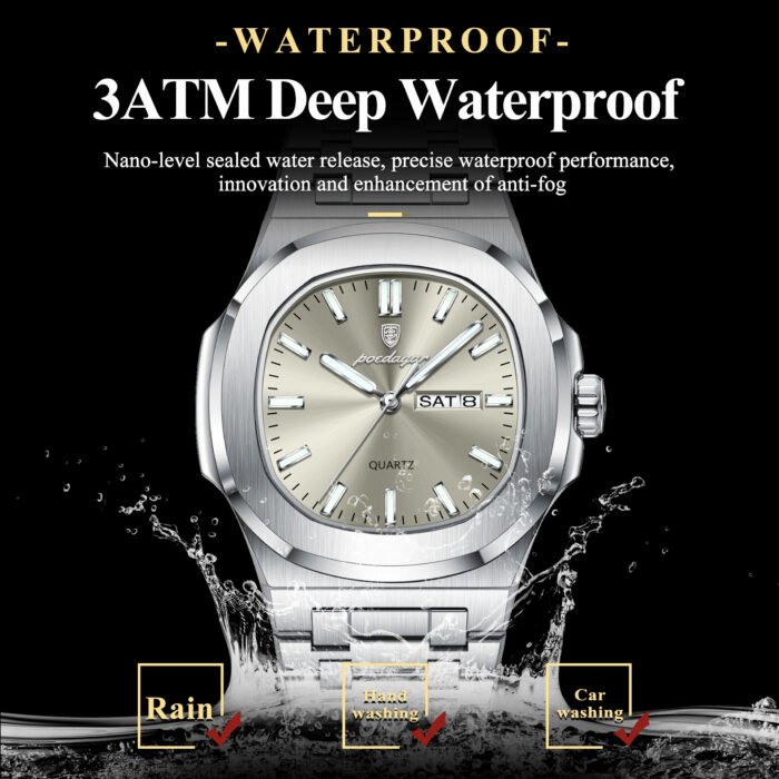 POEDAGAR 853 Luxury Homage Square Man Watch Square Waterproof Luminous Date Week Men Watch Stainless Steel Quartz Men's Watches Reloj+box - Image 4