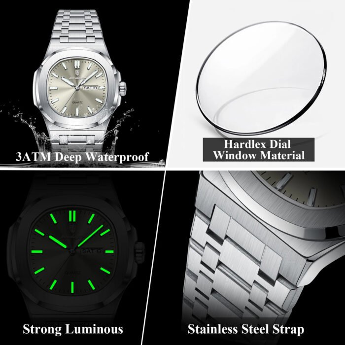 POEDAGAR 853 Luxury Homage Square Man Watch Square Waterproof Luminous Date Week Men Watch Stainless Steel Quartz Men's Watches Reloj+box - Image 5