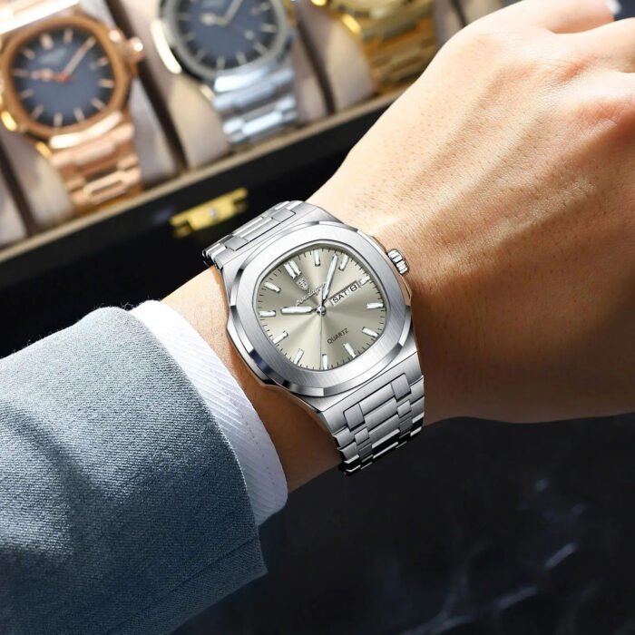 POEDAGAR 853 Luxury Homage Square Man Watch Square Waterproof Luminous Date Week Men Watch Stainless Steel Quartz Men's Watches Reloj+box - Image 6