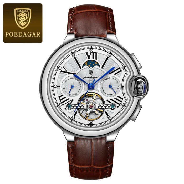 POEDAGAR 1413 Luxury Mechanical Men Watch Hollow Tourbillon Automatic Mechanical Men Watch Waterproof Date Week Men's Watches - Image 7