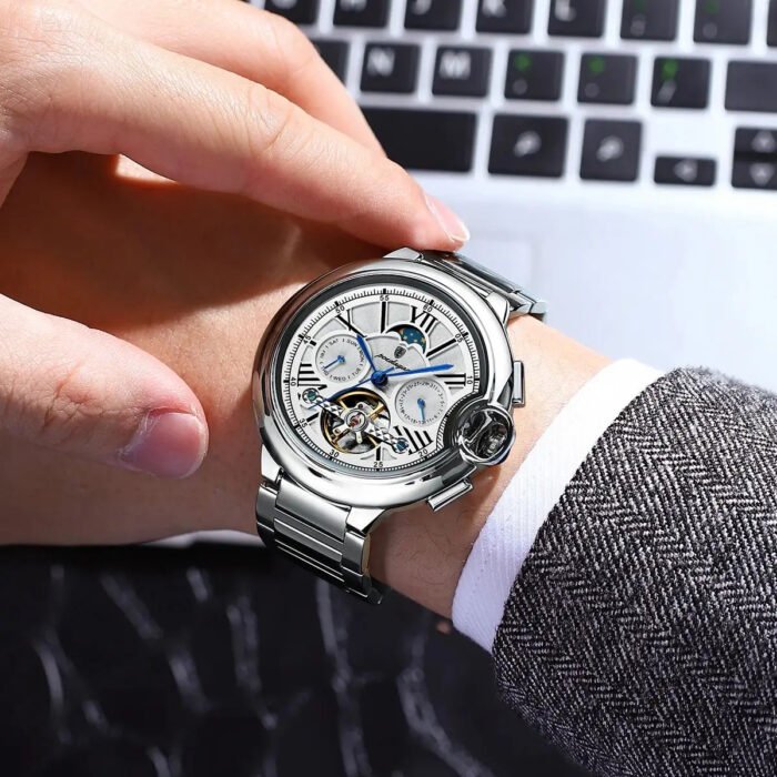 POEDAGAR 1413 Luxury Mechanical Men Watch Hollow Tourbillon Automatic Mechanical Men Watch Waterproof Date Week Men's Watches - Image 6