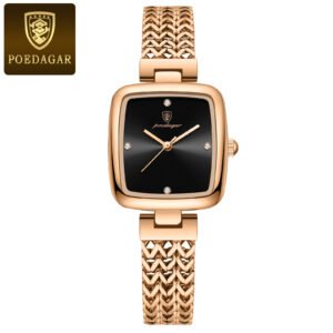POEDAGAR 768 Women's Square Watch - Waterproof Stainless Steel Quartz Dress Chronograph for Ladies, Elegant Office & Party Jewelry Timepiece​ - 768 Rose Gold Black