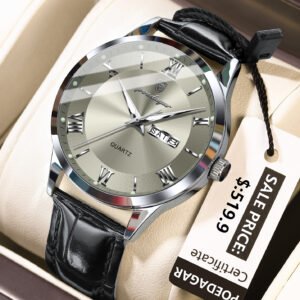 POEDAGAR 978 Men's Business Professional Watch - Waterproof Luminous Date/Week Calendar, Leather Strap Quartz Wristwatch with Gift Box - 978 Silver Gray L