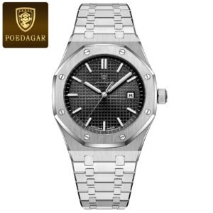 POEDAGAR 924 Men's Luxury Watch - Stainless Steel Sport Quartz Watch with Luminous Date Display, Waterproof 30m, Fashion Business Watch,Homege Watch - 924 Silver Black