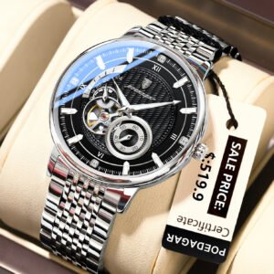 POEDAGAR 1416 Luxury Mechanical Watch for Men Luminous Hollow Tourbillon Automatic Man Wristwatch Mechanical Stainless Steel Men's Watches Reloj - 1416 Silvery Black