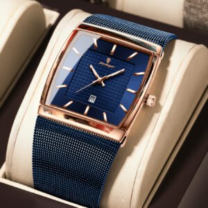 ​POEDAGAR 885 Men's Square Slim Quartz Watch - Luminous Auto Calendar, Mesh Strap, 30M Waterproof Minimalist Design for Fashionable Daily Wear​ - 885 Rose Gold Blue