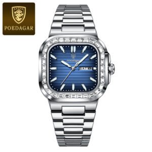 POEDAGAR 975 Men's Square Watch - Waterproof Quartz with Luminous Date Week Display, Stainless Steel Design for Men, Office Casual Gear​,Homage Watch - 975 Silver Blue