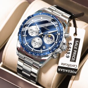 POEDAGAR 879 Men's Luxury Sports Chronograph Watch - 30m Waterproof , Luminous 24-Hour Military Dial, Tachymeter,Stainless Steel & Gift Box | Premium Quartz Wristwatch Under $100 - 879 Silver Blue