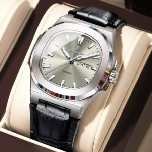 POEDAGAR 853 2025 Men's Square Quartz Watch - Genuine Leather Strap with Automatic Week & Date, 30M Waterproof & Luminous Hands, Business Casual Retro Style​ - 853 SL GUCR L