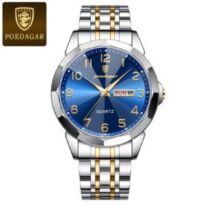 ​​POEDAGAR 852 Men's Analog Quartz Watch - Stainless Steel Double Calendar Luminous Hands, 30M Waterproof Design for Daily Office & Casual Wear​ - 852 Gold Blue