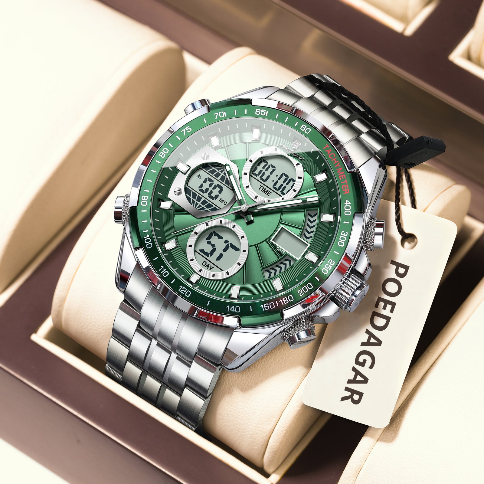 2 POEDAGAR E108 Luxury LED Men's Watch Dual Time Digital Display Waterproof Date Male Electronic Stainless Steel Watch - Image 2