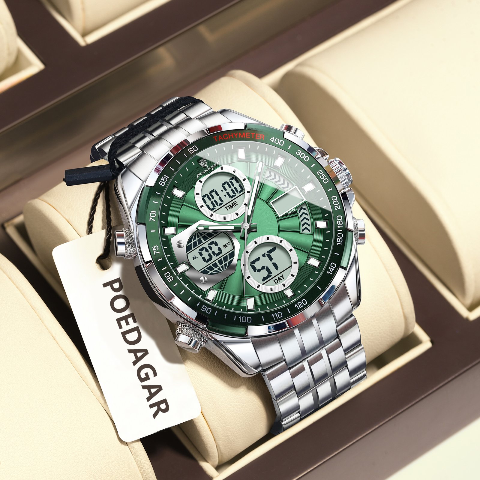 3 POEDAGAR E108 Luxury LED Men's Watch Dual Time Digital Display Waterproof Date Male Electronic Stainless Steel Watch - Image 10