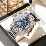 POEDAGAR 1423 Luxury Mechanical Watch for Men Waterproof Luminous Date Week Stainless Steel Hollow Watches Men's Clock - Image 4