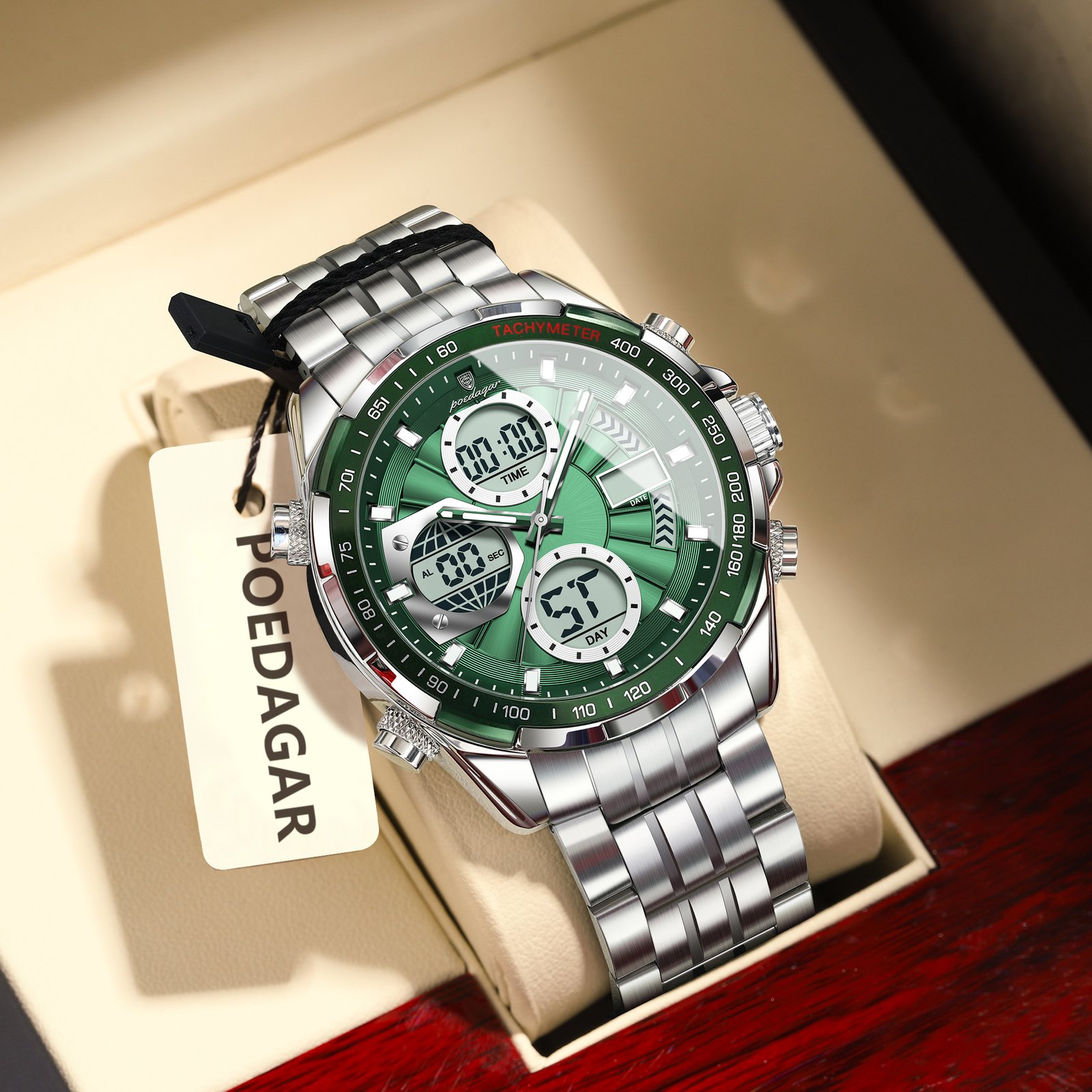5 POEDAGAR E108 Luxury LED Men's Watch Dual Time Digital Display Waterproof Date Male Electronic Stainless Steel Watch - Image 9