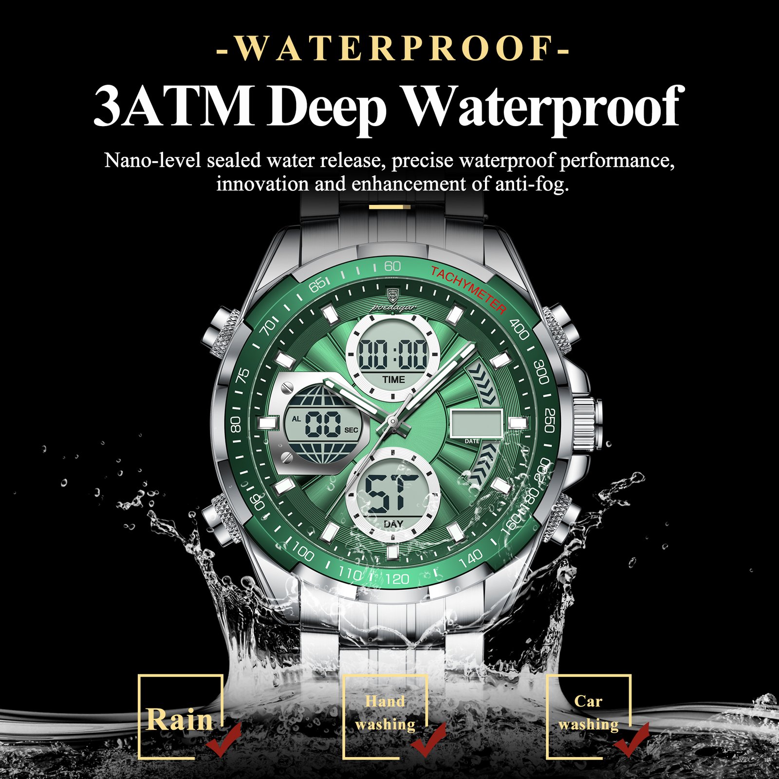 6 POEDAGAR E108 Luxury LED Men's Watch Dual Time Digital Display Waterproof Date Male Electronic Stainless Steel Watch - Image 6