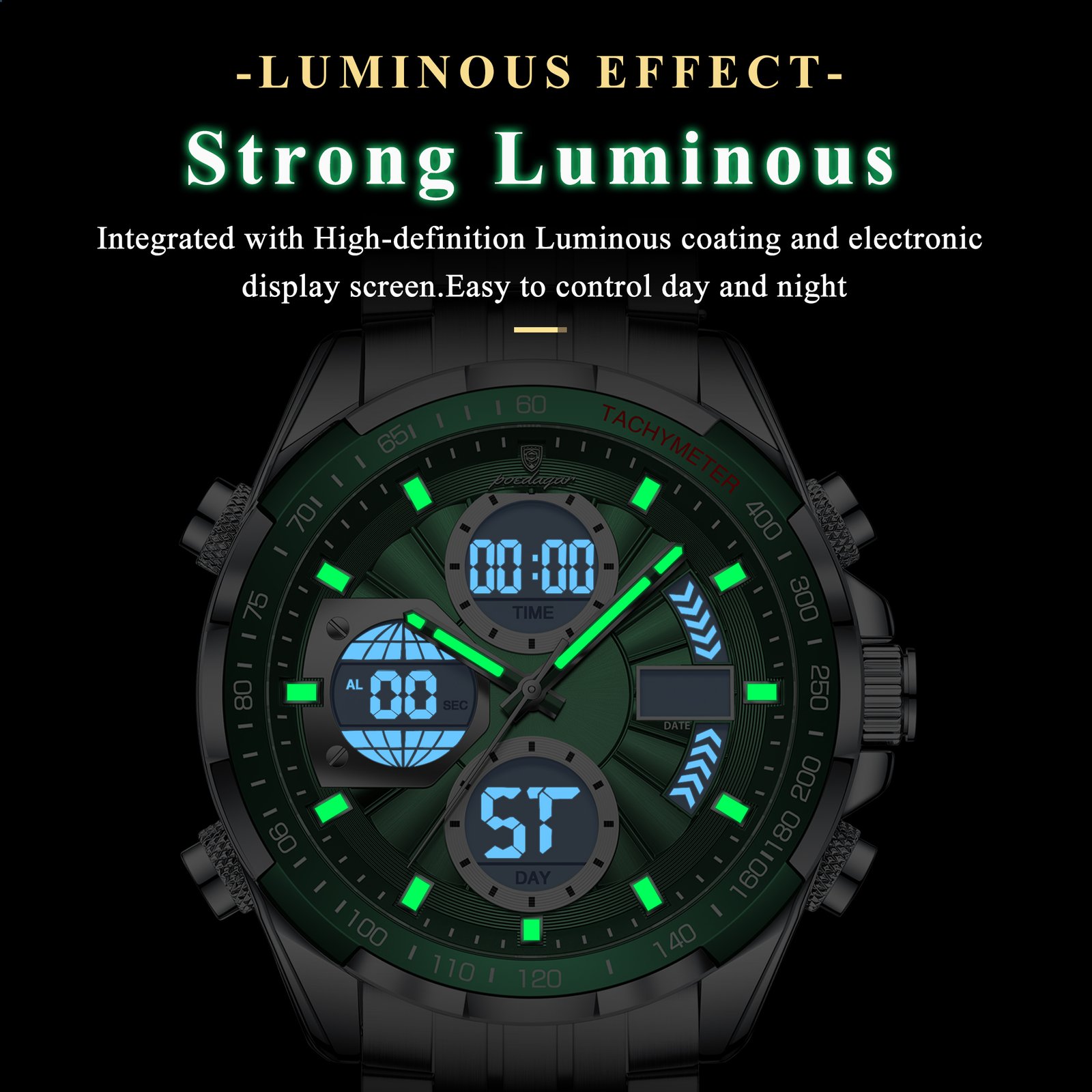 7 POEDAGAR E108 Luxury LED Men's Watch Dual Time Digital Display Waterproof Date Male Electronic Stainless Steel Watch - Image 5