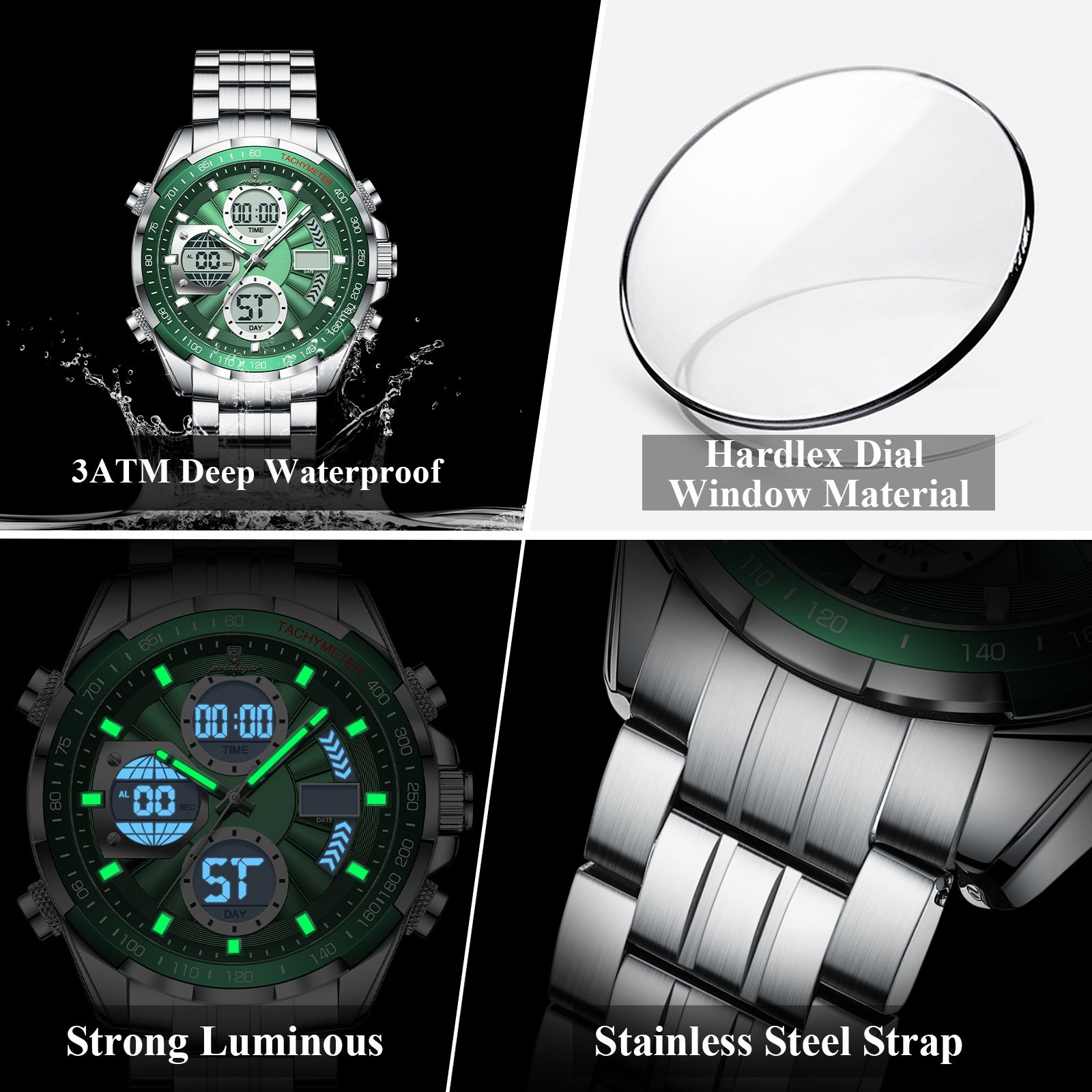 8 POEDAGAR E108 Luxury LED Men's Watch Dual Time Digital Display Waterproof Date Male Electronic Stainless Steel Watch - Image 7