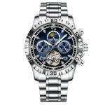 POEDAGAR 1423 Luxury Mechanical Watch for Men Waterproof Luminous Date Week Stainless Steel Hollow Watches Men's Clock