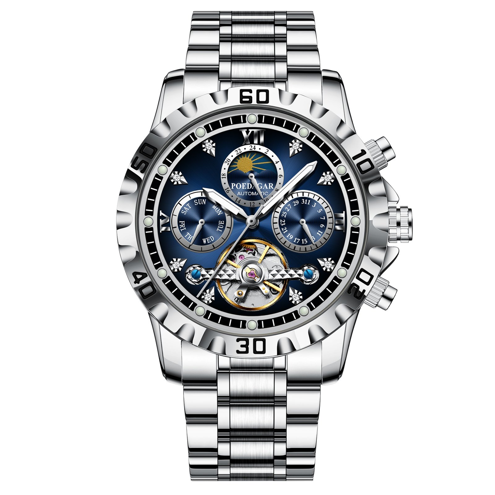 银壳蓝面 POEDAGAR 1423 Luxury Mechanical Watch for Men Waterproof Luminous Date Week Stainless Steel Hollow Watches Men's Clock - Image 1