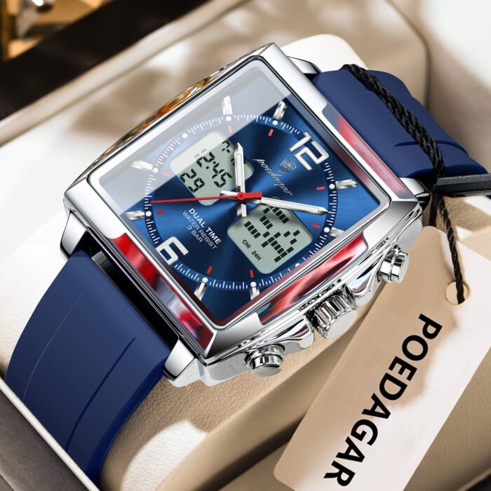 POEDAGAR E109 Luxury Top Man Watch Electronic Square LED Alarm Chronograph Men's Watches Week Date Dual Time Display Men Quartz Clock - Image 2