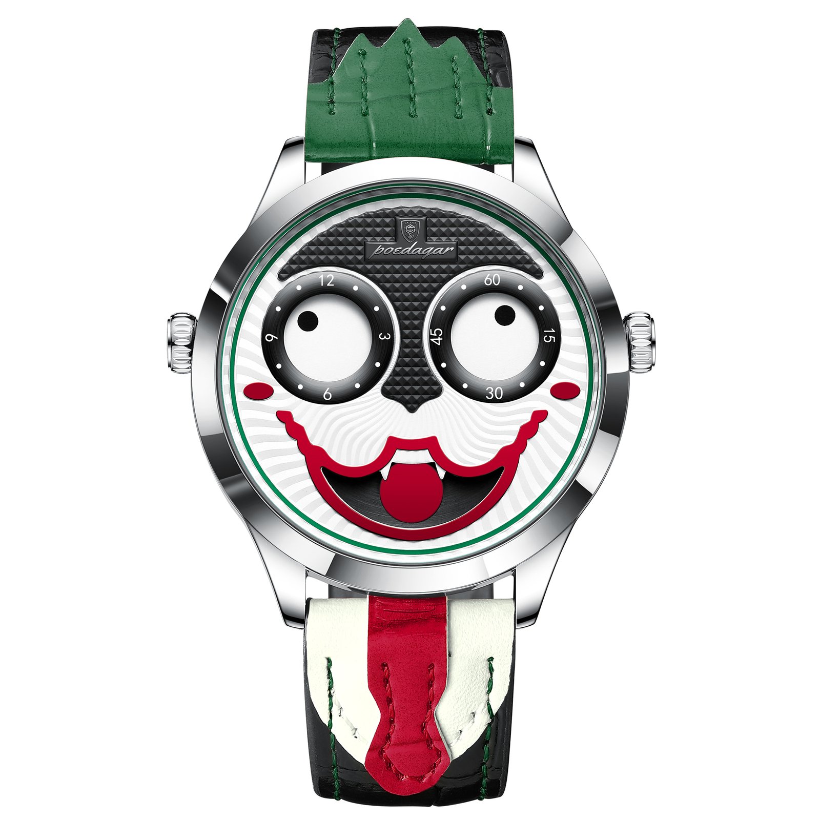 银壳白面绿色皮带 POEDAGAR 676 Clown Halloween Style Top Original Watch For Man Luxury High Quality Waterproof Man Wristwatch Quartz Leather Men's Sports Watches Male Reloj - Image 1