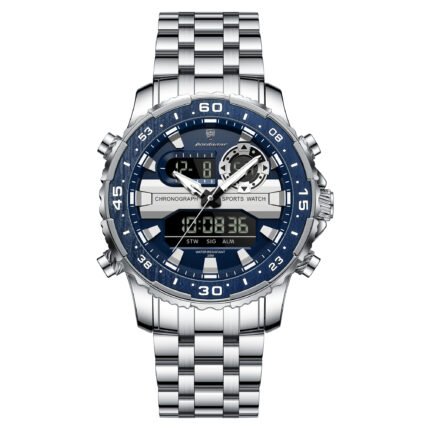 POEDAGAR E122 Luxury LED Men's Watch Dual Time Digital Display Waterproof Date Male Electronic Stainless Steel Watch