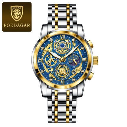 POEDAGAR 984 Fashion Business Men's Watch Luminous Waterproof Week Date Luxury Man Wristwatch Stainless Steel Quartz Watches For Men