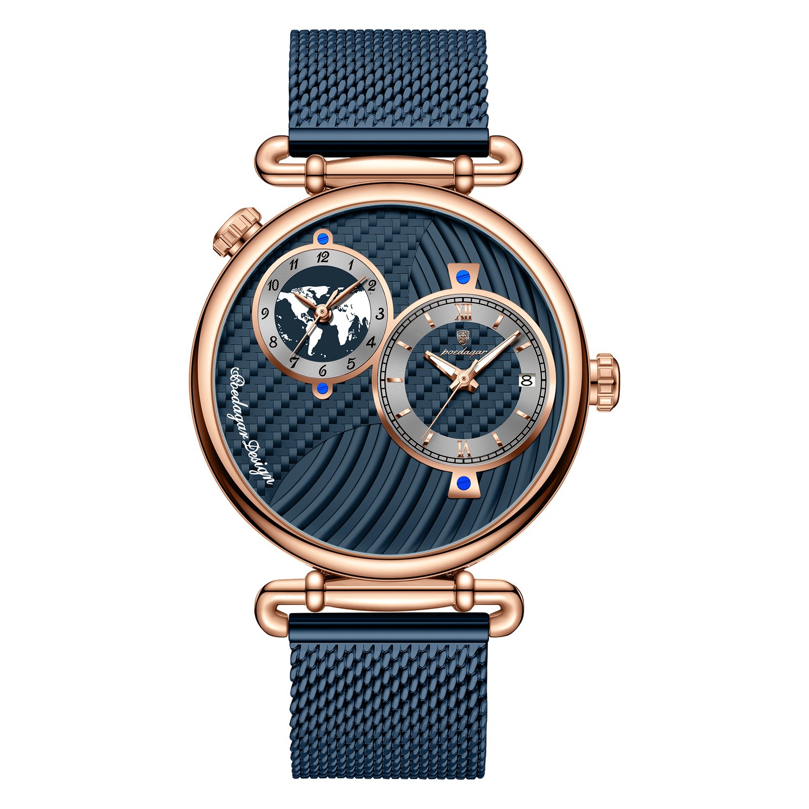 14 POEDAGAR 848 Fashion Man Clock Dual Time Zone Display Waterproof Date Men Watch Sports Mesh Stainless Steel Men's Quartz Watches+Box - Image 1